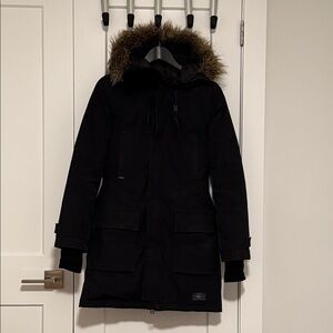 TNA Bancroft Mountaineering Black Parka Coat with Fur Trim Small Slim Fit